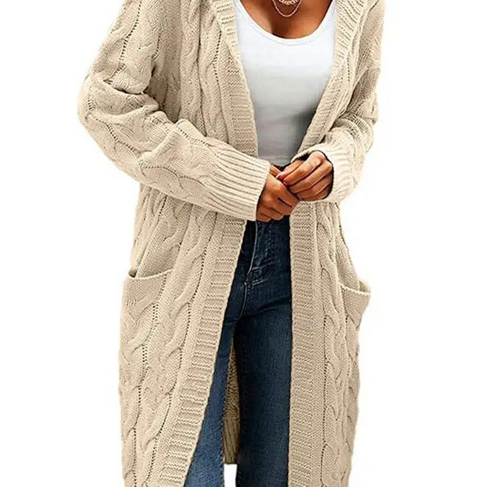 Solid Twist Decor Pocket Hooded Cardigan, Women's Long Knit Thick ...