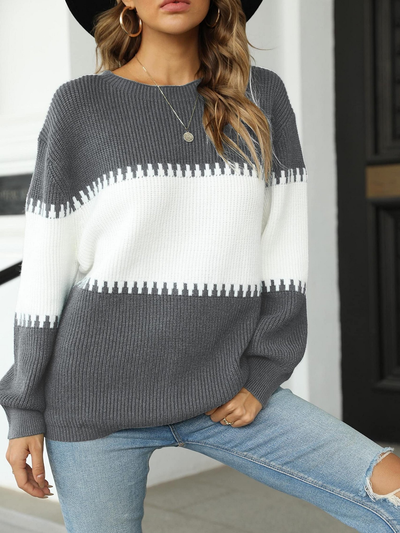 Women Fashion Knit Colorblock Round Neck Loose Long Sleeve Sweater Top,My  Orders on,Daily Deals of The Day Prime Today only,Dollar Items,Warehouse  Clearance Open Box Grey