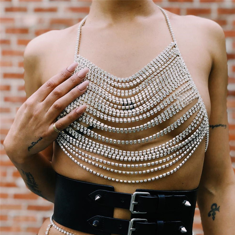 Belly Pocket Chest Body Chain Sexy Rhinestone Bikini Bra Body Halter  Backless Sequins Chain Bra Beach Body Accessories Jewelry Valentines Day  Sexy Gif