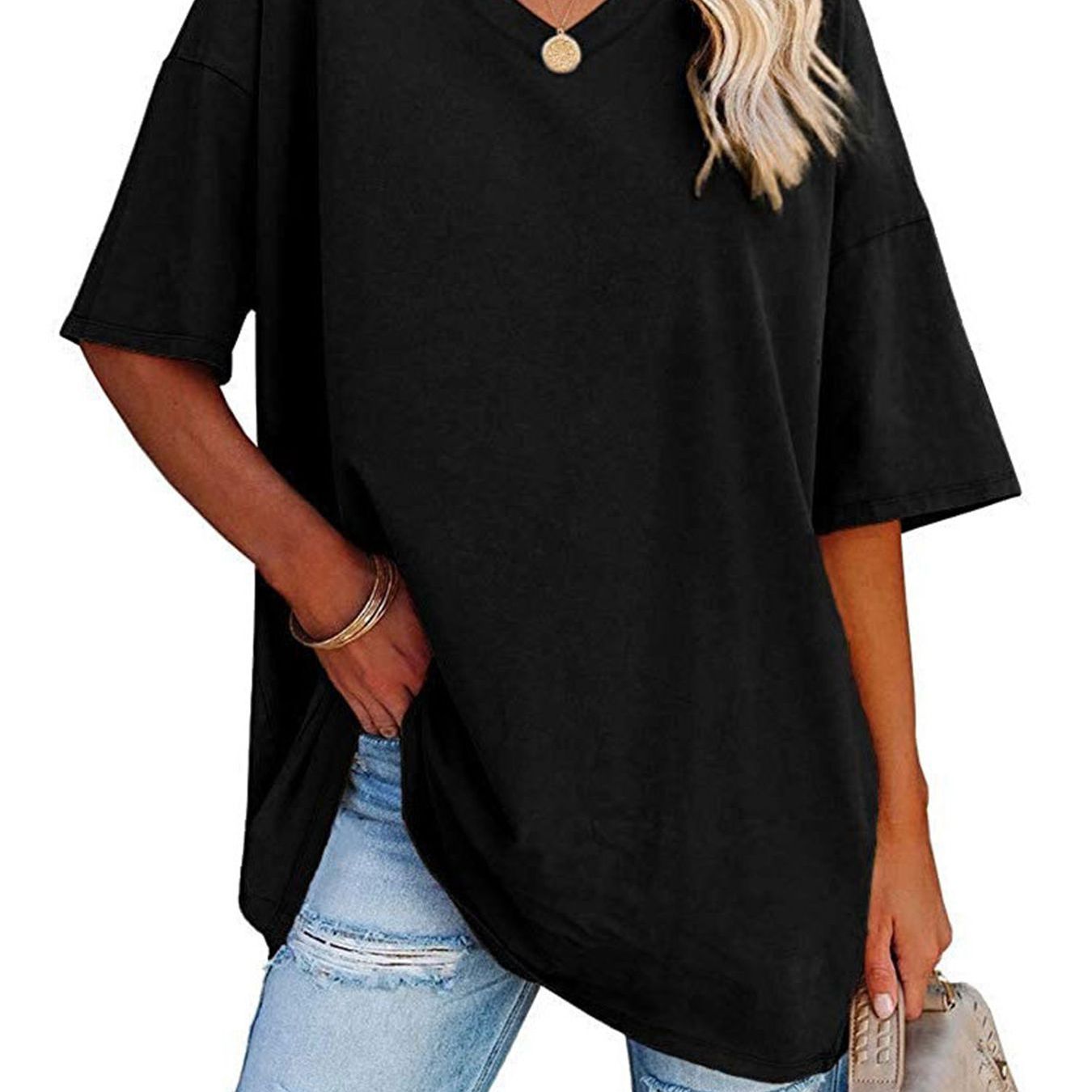 

Basic Loose Solid T-shirts, Casual Short Sleeve V-neck T-shirts, Casual Every Day Tops, Women's Clothing
