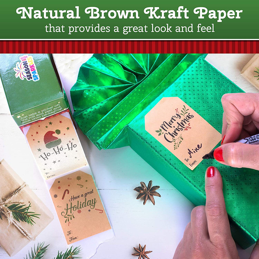 Brown Kraft Christmas Gift Tags Holiday Present Stickers,2 x 3 inches -  Various Different Designs, 300Pc/Roll 