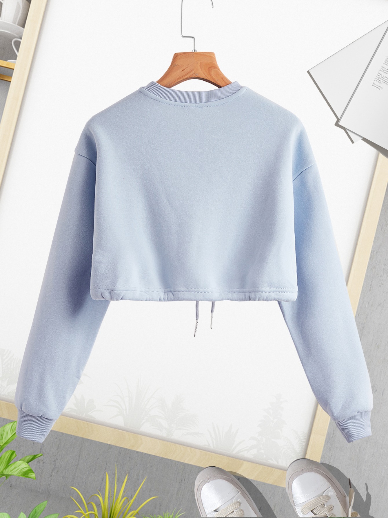 Solid Color Crew Neck Drawstring Hem Drop Shoulder Thermal - Temu