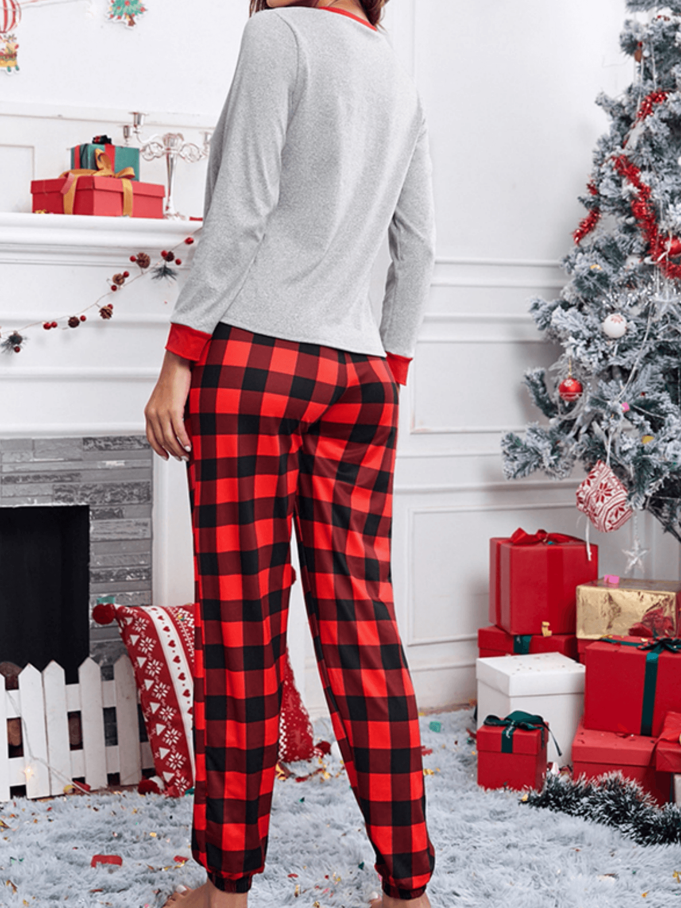 Conjunto de pijama para mujer, pantalones de manga larga a cuadros  navideños, conjunto de pijama de otoño e invierno
