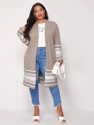 Plus Size Colorblock Knit High Stretch Sweater Cardigan, Women's Plus Long Casual Cardigan