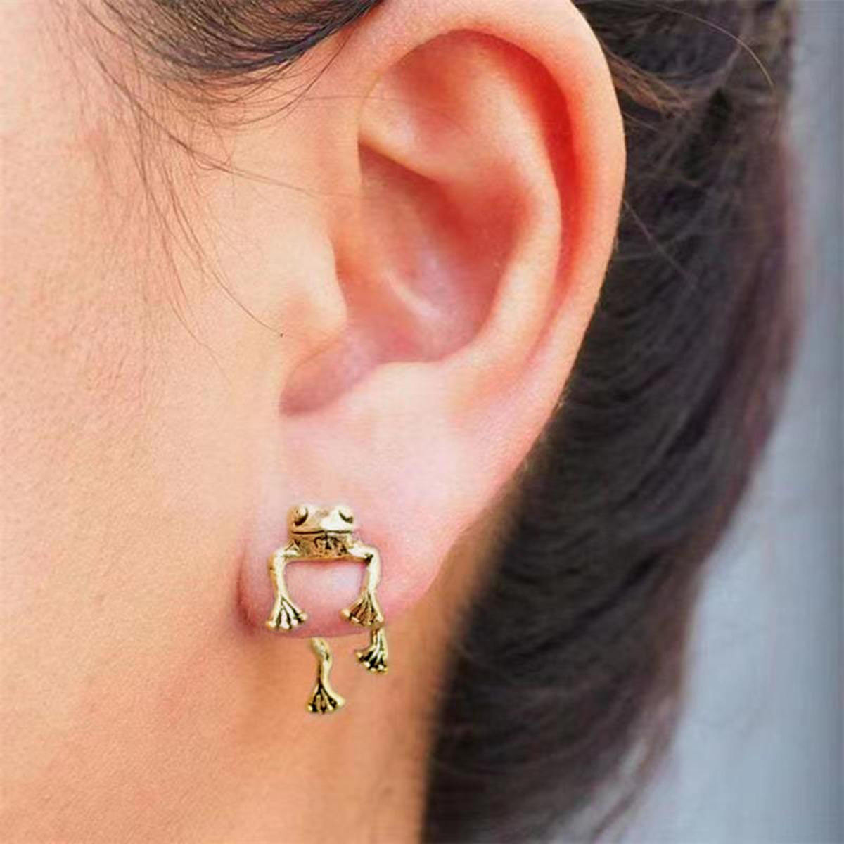 Vintage Frog Front & Back Earrings, 14K Plated