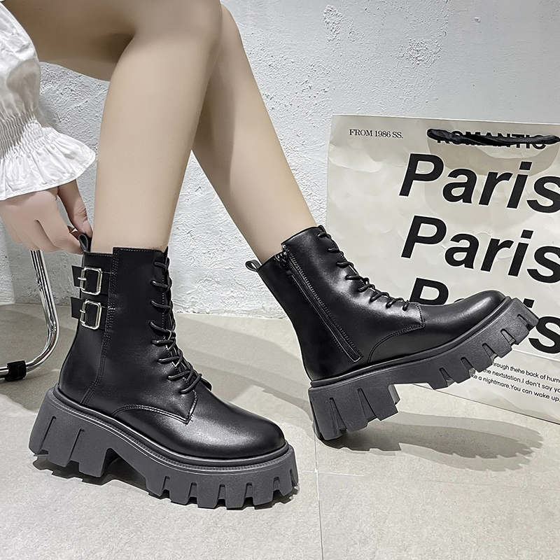 Black Leather Thick Sole Combat Boots