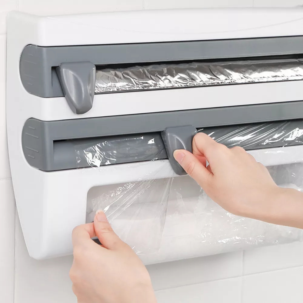 3 IN 1 Wall-Mount Paper Towel Holder Preservative Film Dispenser Aluminum  Foil Barbecue with Cutter Sauce Bottle Storage Rack