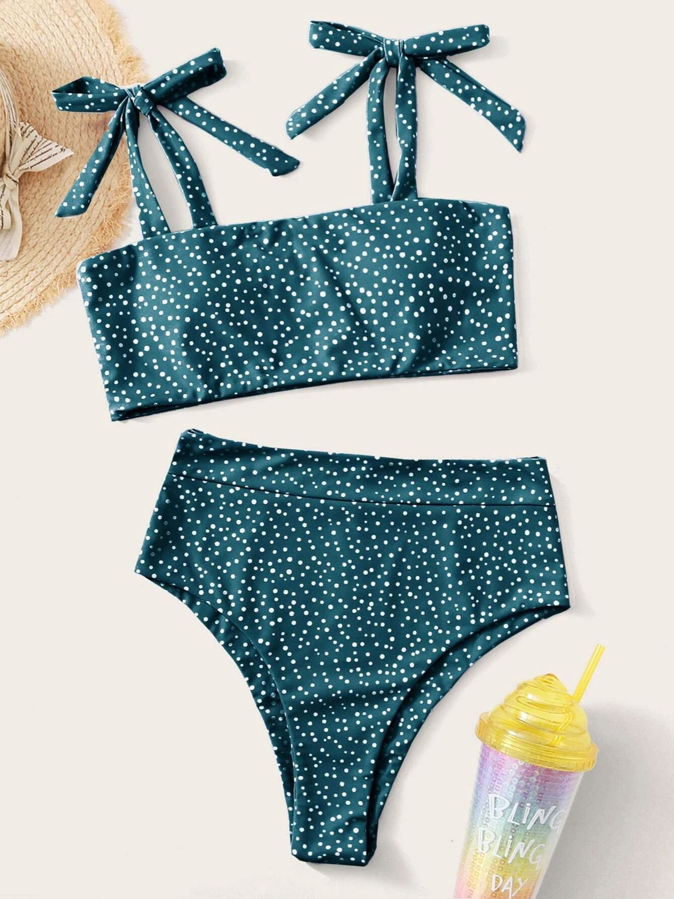 polka dot tie shoulder high waist bikini swimsuit