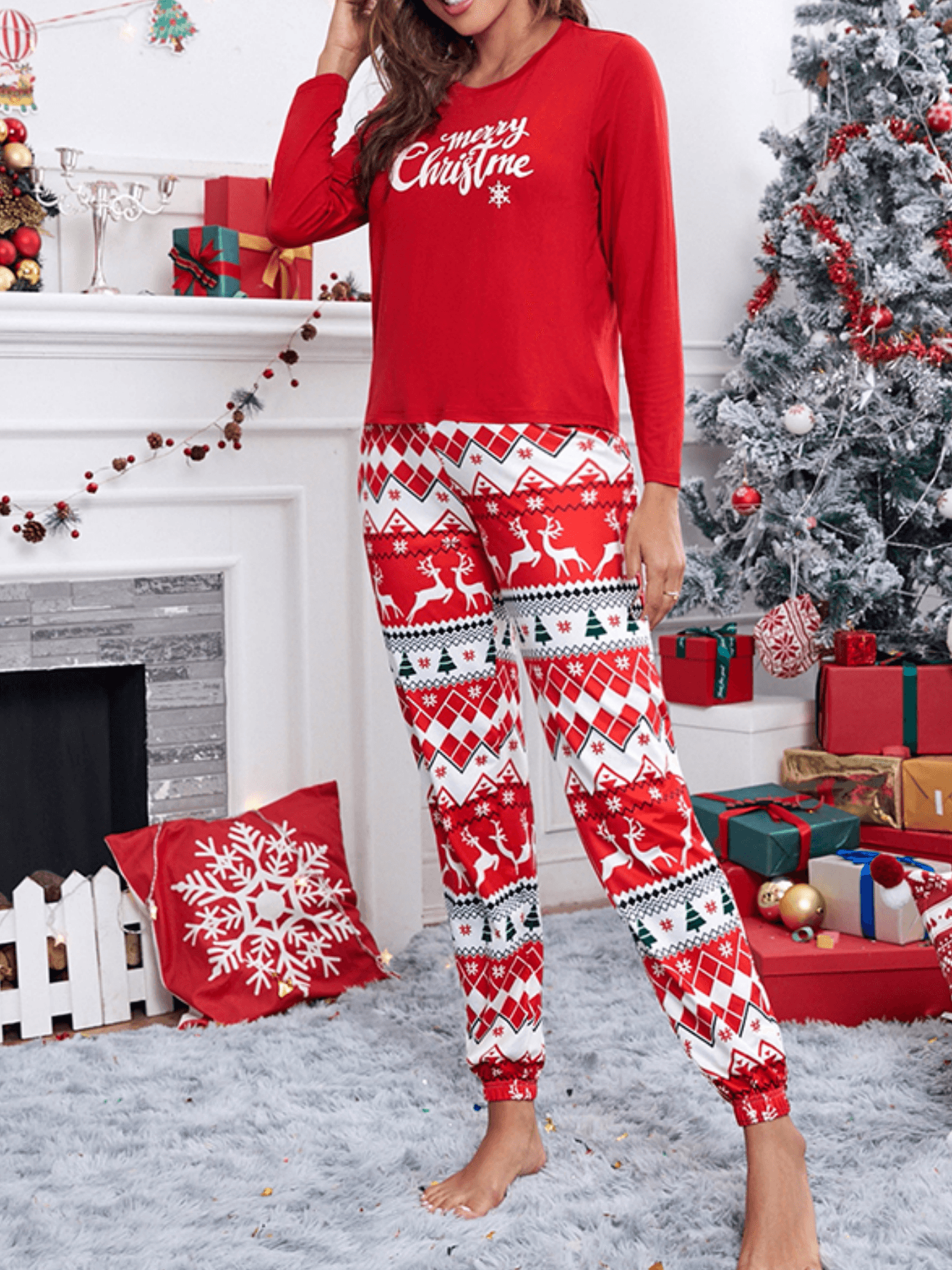 Women's Pajama Set Christmas Deer Print Long Sleeve Pants - Temu