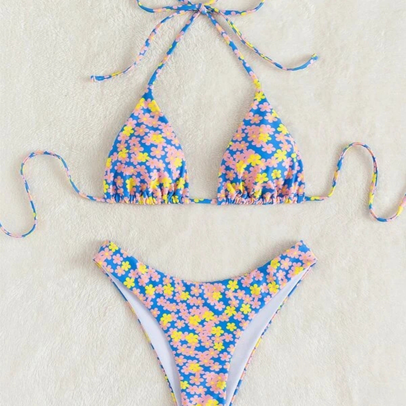 

Ditsy Floral Print Triangle Halter Neck Tie Back Bra Top, High Waist 2 Piece Bikini Swimsuit, Women's Swimwear