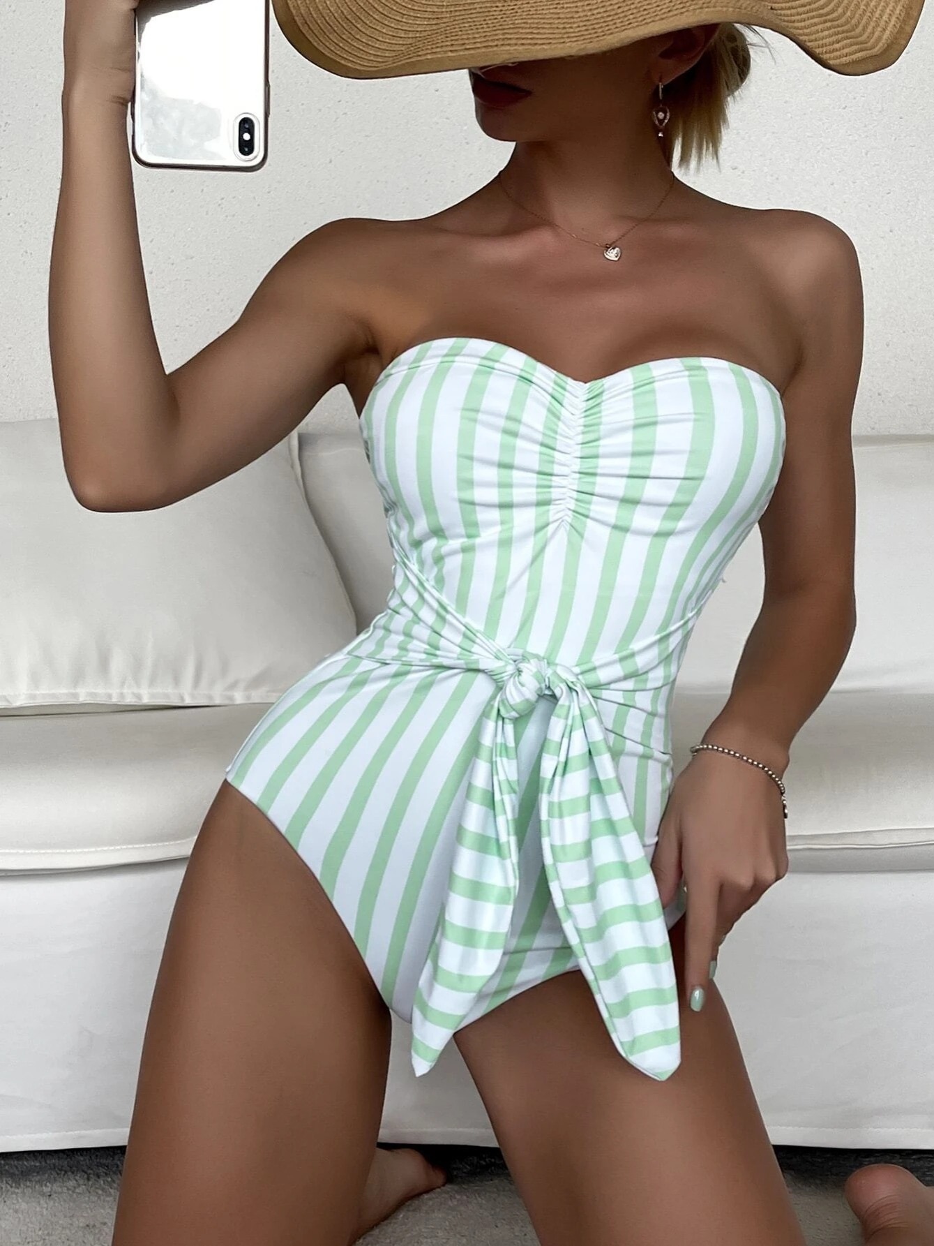 Shining High Cut Tie String Ruched Bandeau One Piece Swimsuit