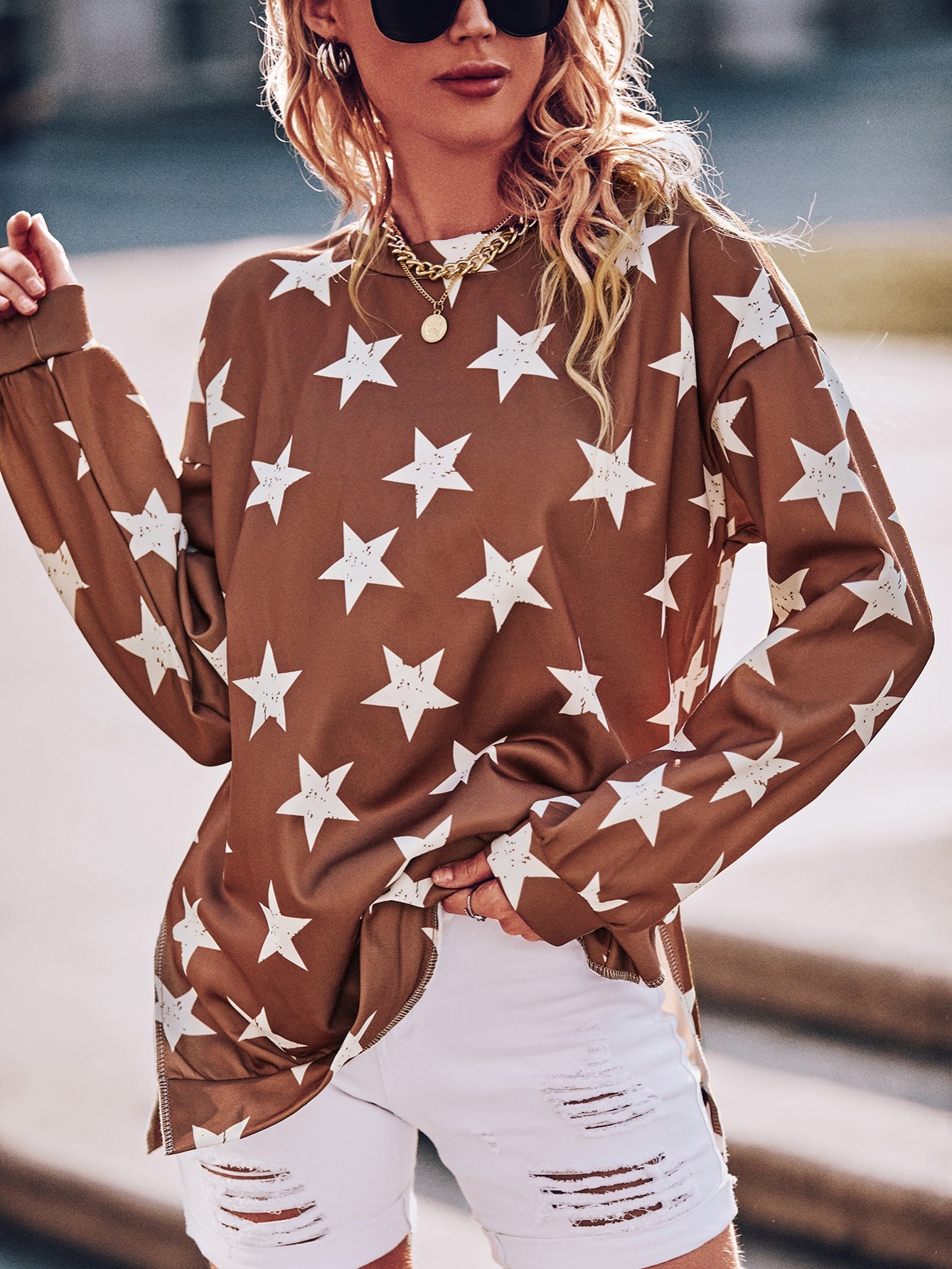 Women s Sweatshirt All Over Star Print Split Side Hoodie