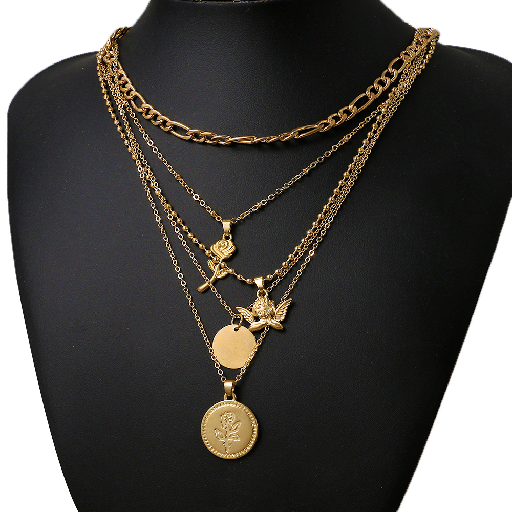 Multilayer Rose Disc Angel Pendant Necklace