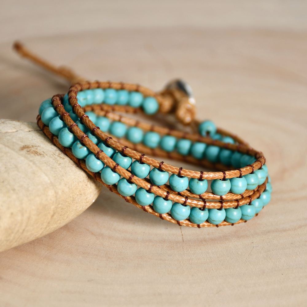 

Women's Fashion Turquoise Beaded Wrapped Bracelet Double Layered Hand Woven Jewelry Gift