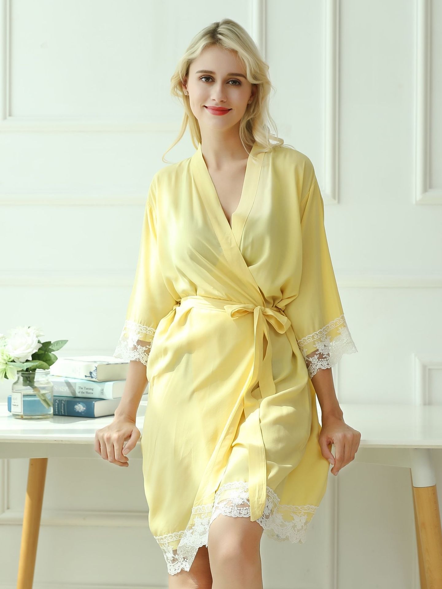 Elegant Lace House Robe Long Sleeve Lounge Robe Lace Accents Temu