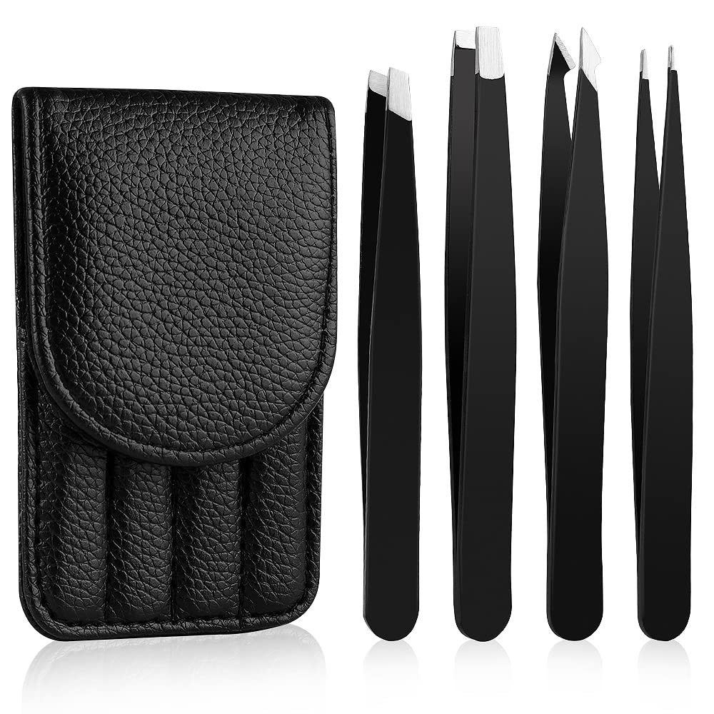 4pcs Stainless Steel Tweezers With Travel Case