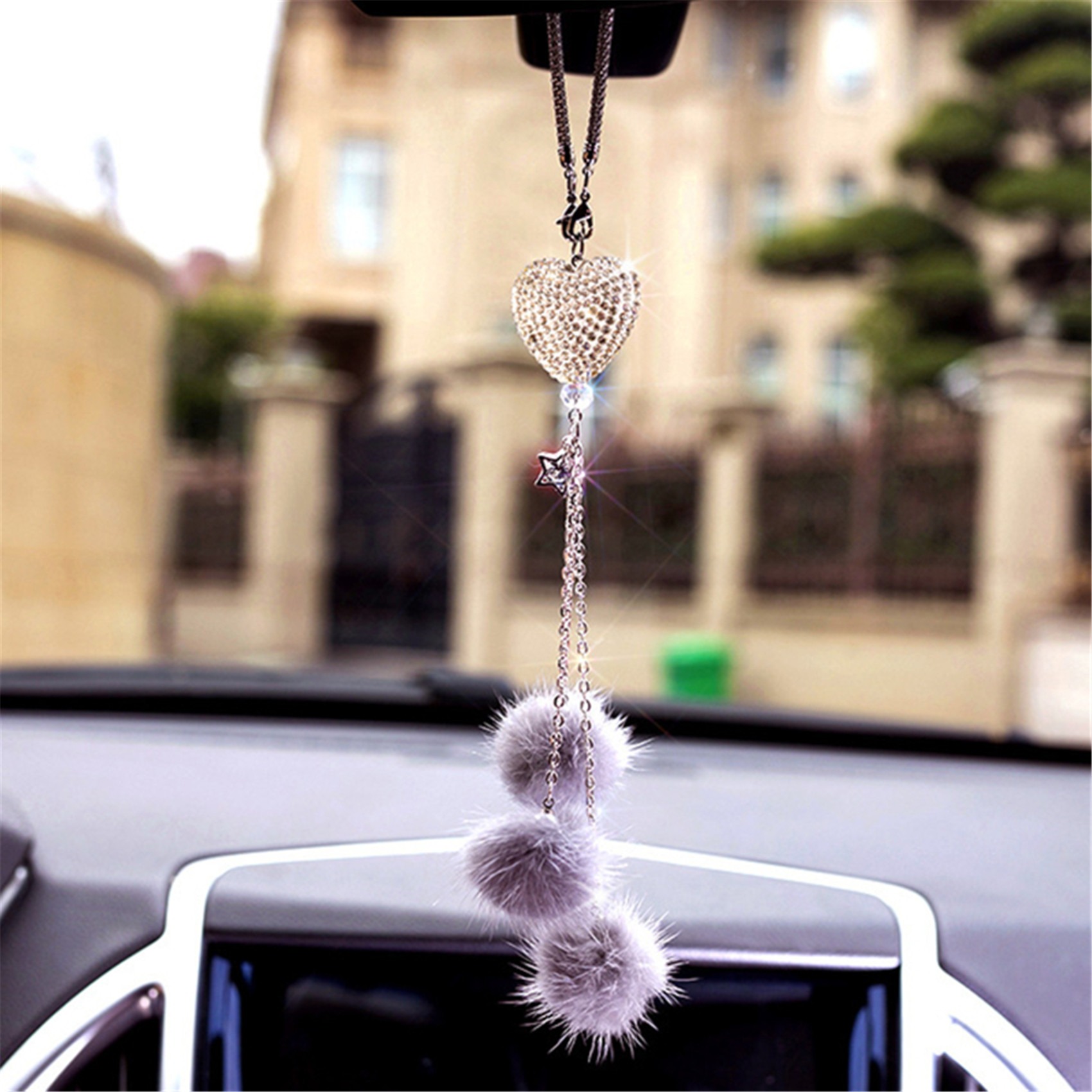 Sparkly Love Heart and Plush Ball Car Hanging Ornament Rear View Mirror  Accessories (Pink)