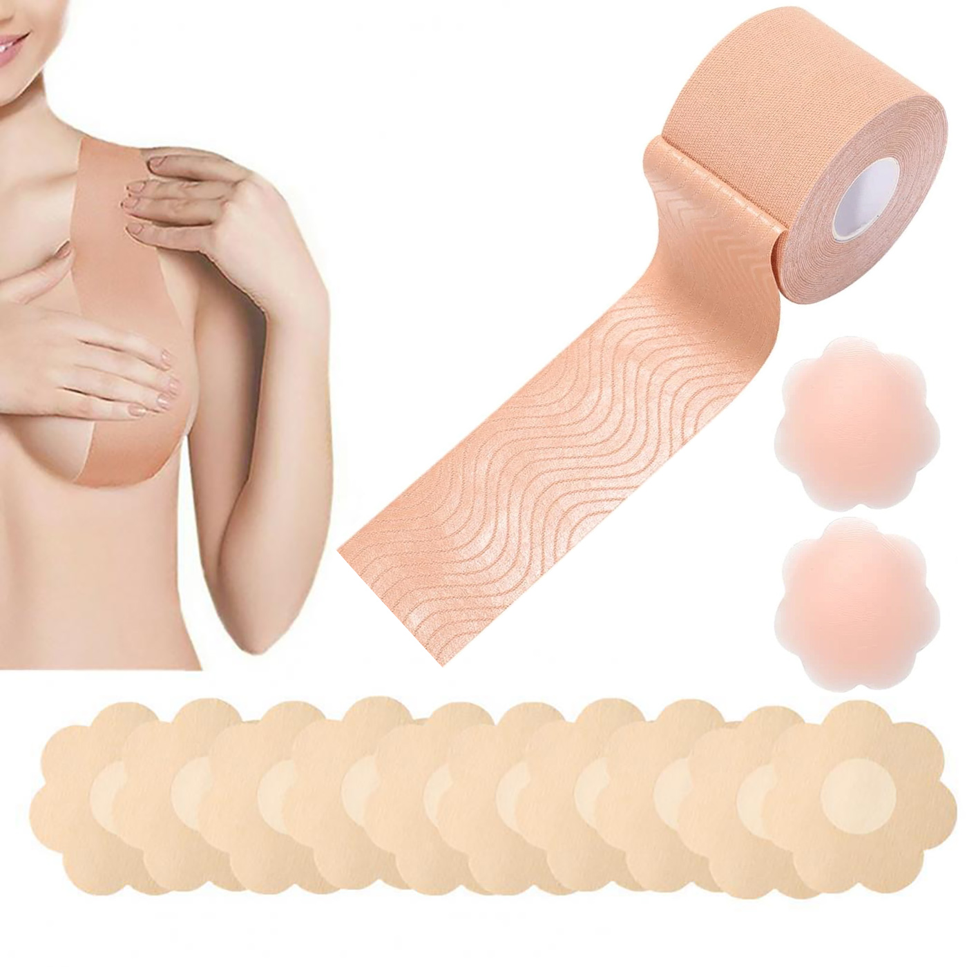 Boob Tape, Breathable & Sticky Bob Tape for Breast Lift, Suitable for Large  Breasts A-G Cup (Nude) Incl. 1 Breast Tape, 10 Pairs Pasties Nipple Covers  and 1 Pair Reusable Silicone Nipple