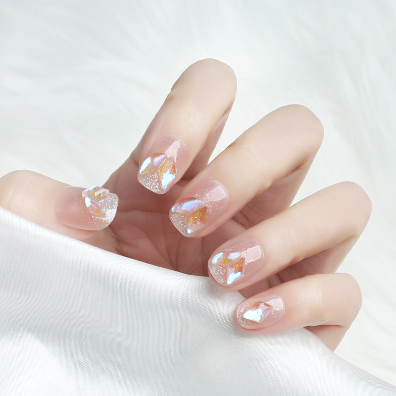 Clear Gold Foil Fake Nails with 3D Butterfly Rhinestones Ballerina Press On  Nail