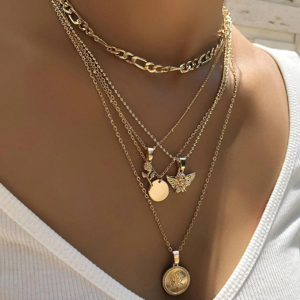 Multilayer Rose Disc Angel Pendant Necklace