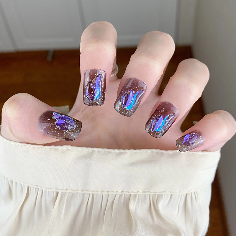 3d Butterfly Press On Nails With Purple Glitter And Blue - Temu