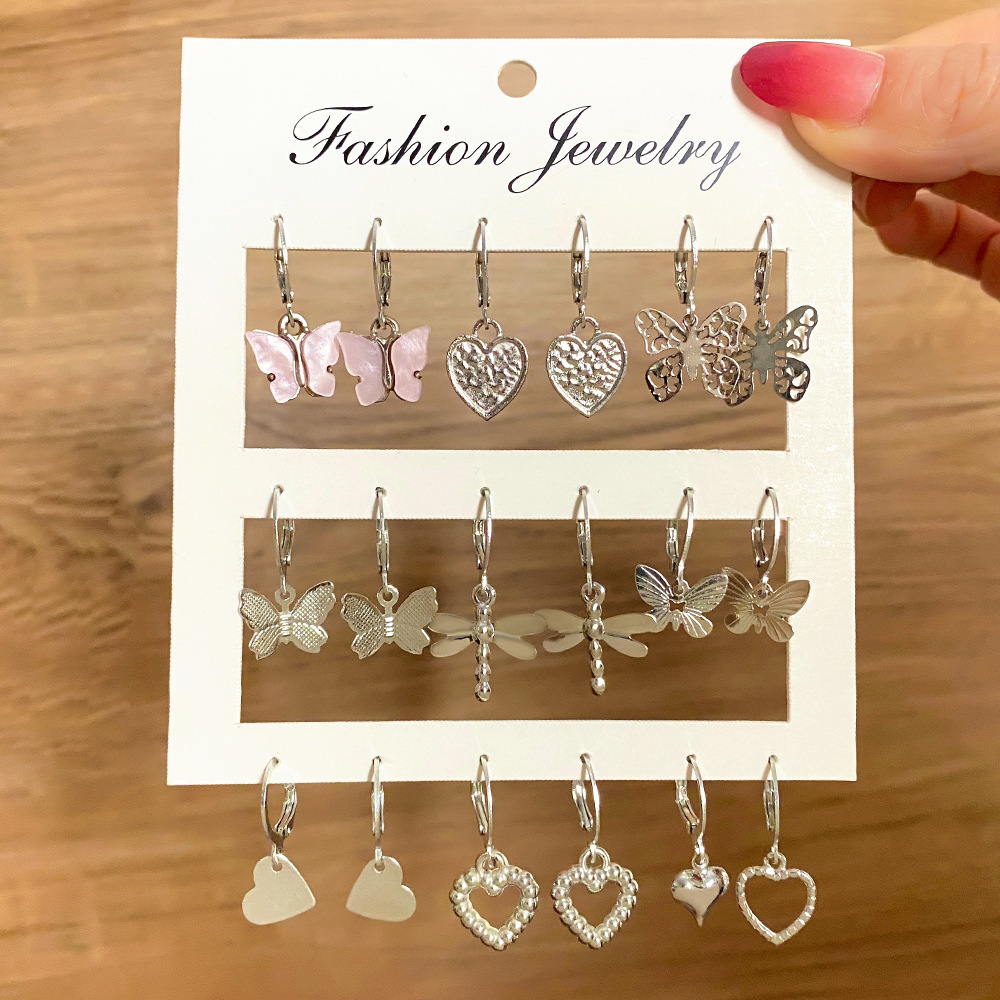 

9 Pairs Heart Butterfly Earrings Set