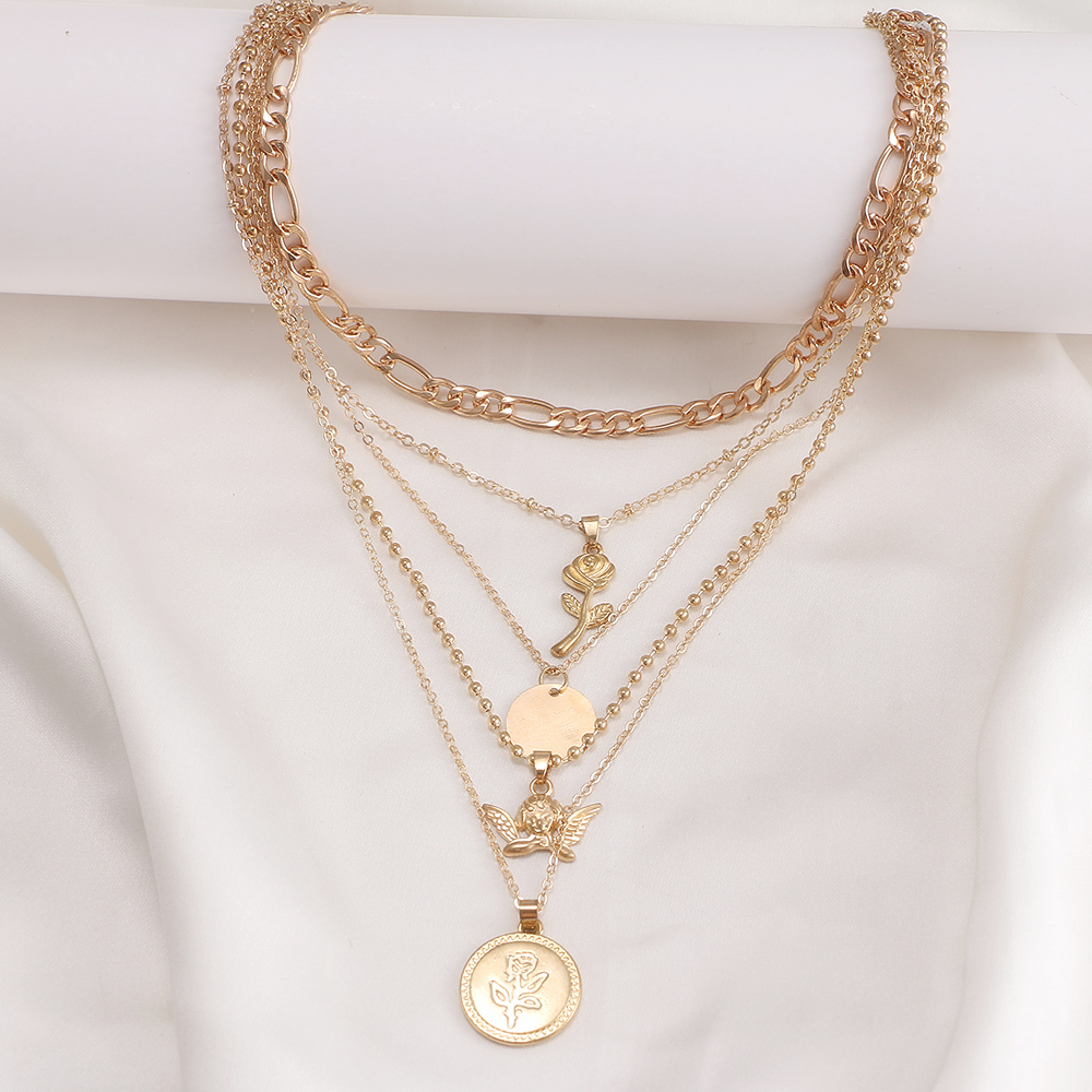 Multilayer Rose Disc Angel Pendant Necklace