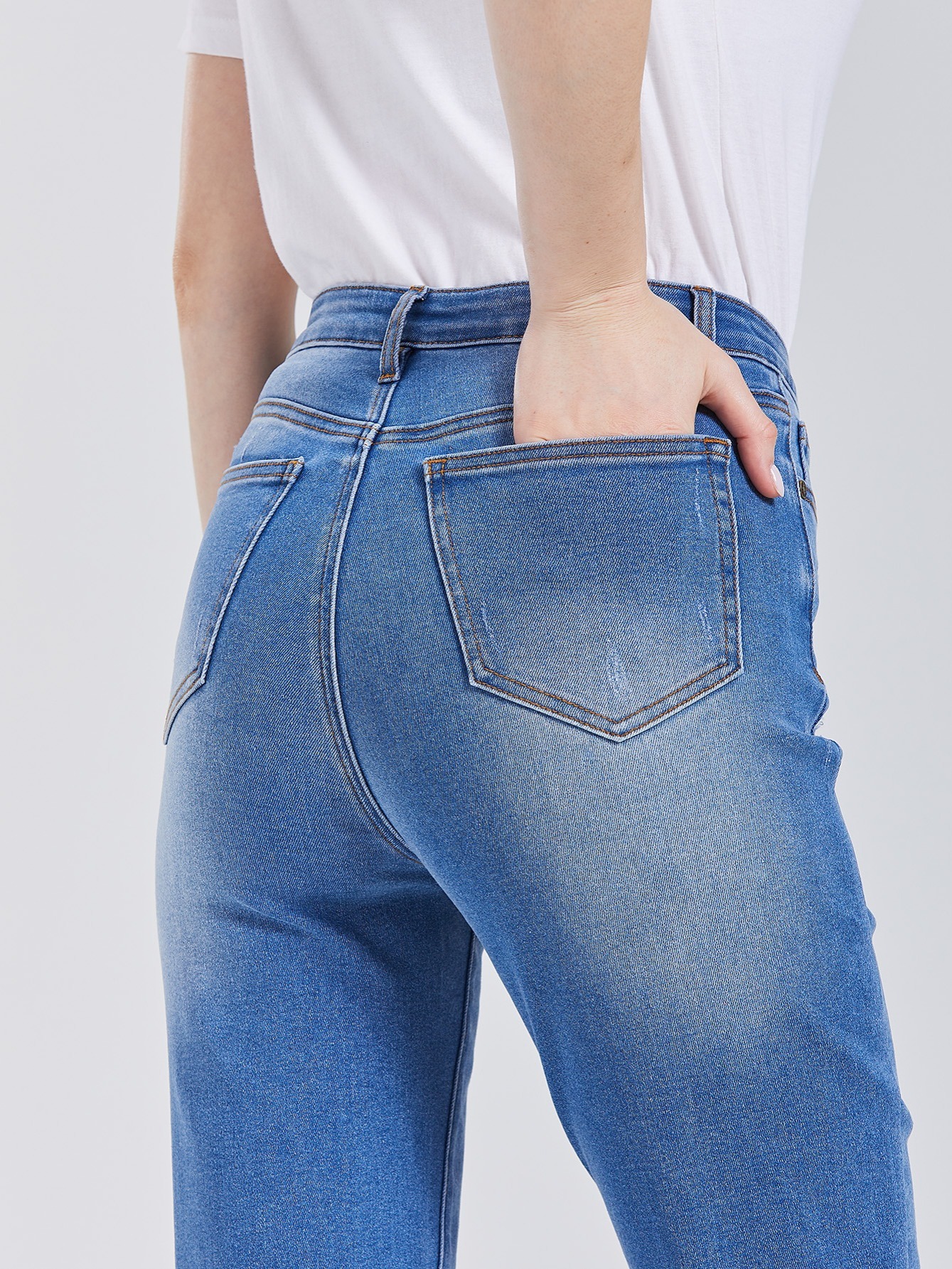 Ripped Hem Denim Pants Blue Distressed Slash Pockets - Temu