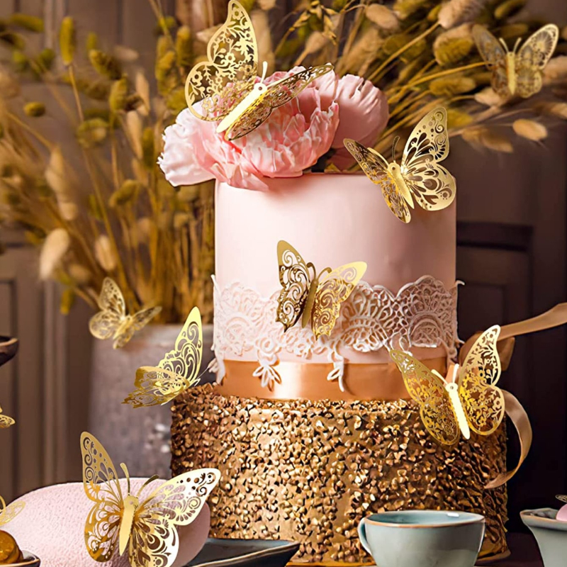 12 Glittery Gold Butterfly Cake Toppers - Perfect for Birthday Parties!