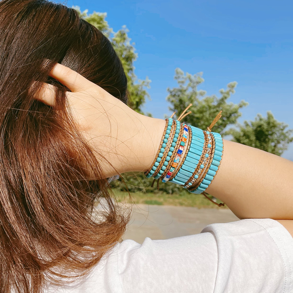 Women's Turquoise Beaded Wrapped Double Layered Bracelet