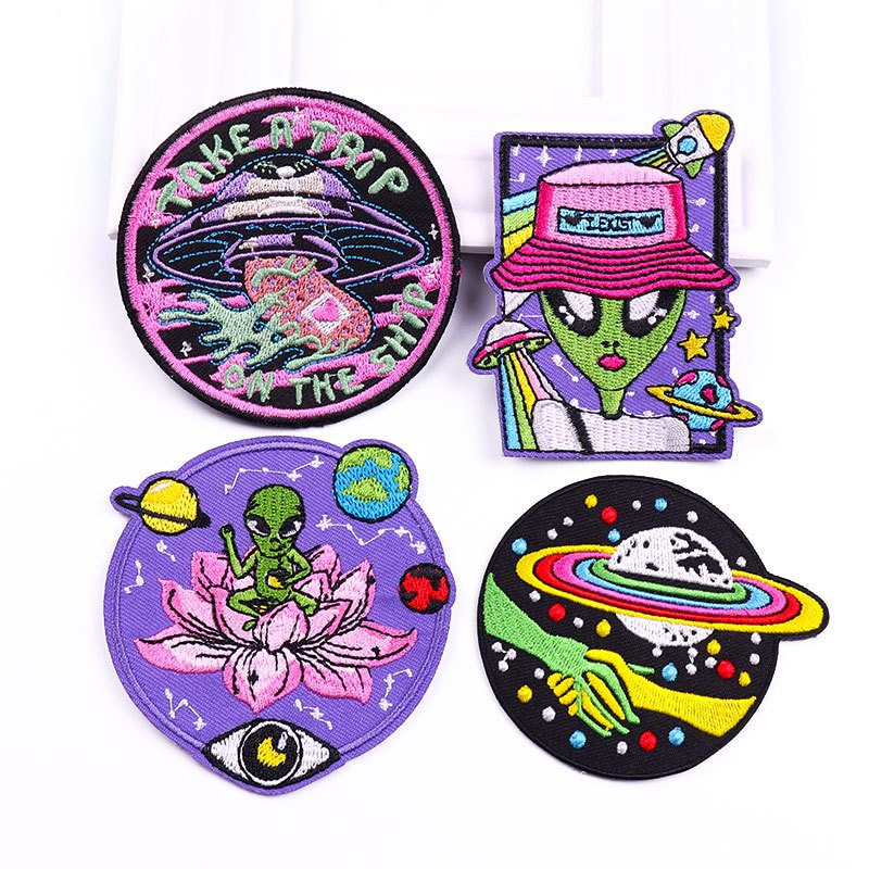 New Arrival Round Space Alien Rocket Eyes Stranger Things UFO Iron Patch  for Clothing Punk Embroidered DIY Parches Applique