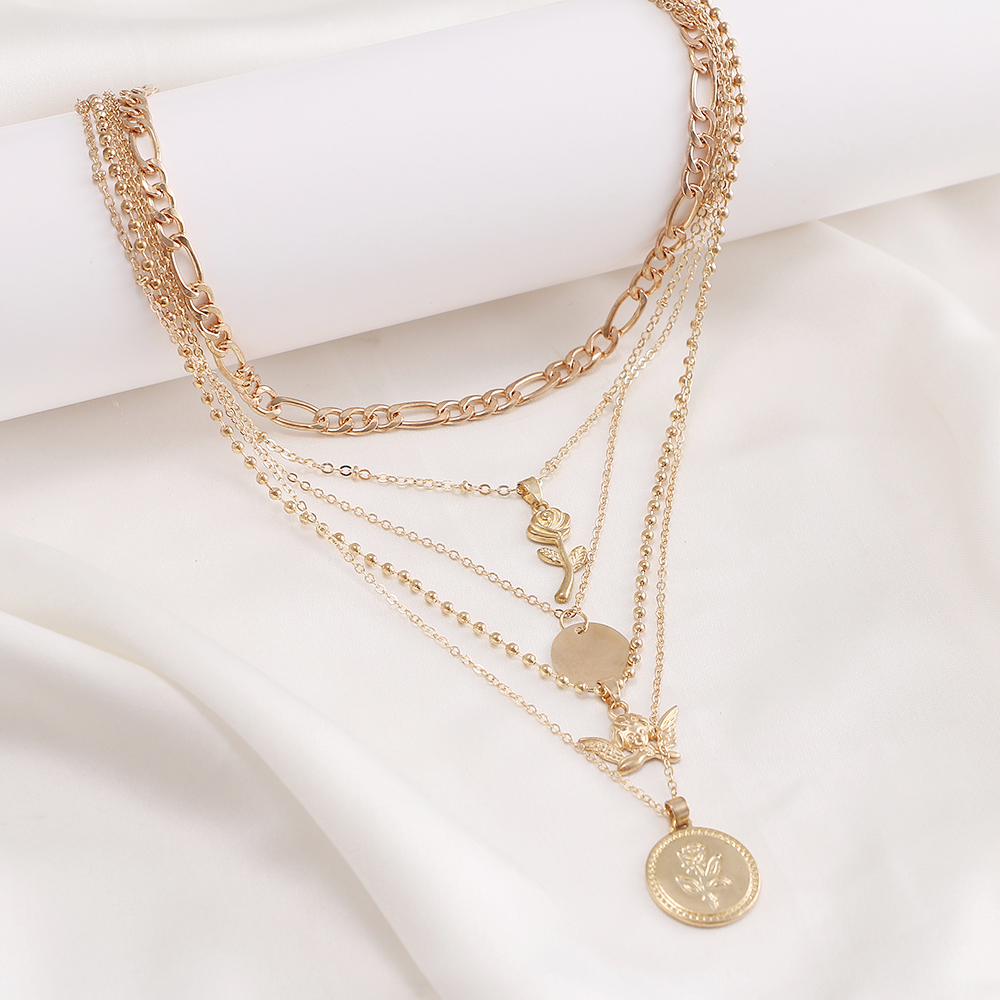 Multilayer Rose Disc Angel Pendant Necklace