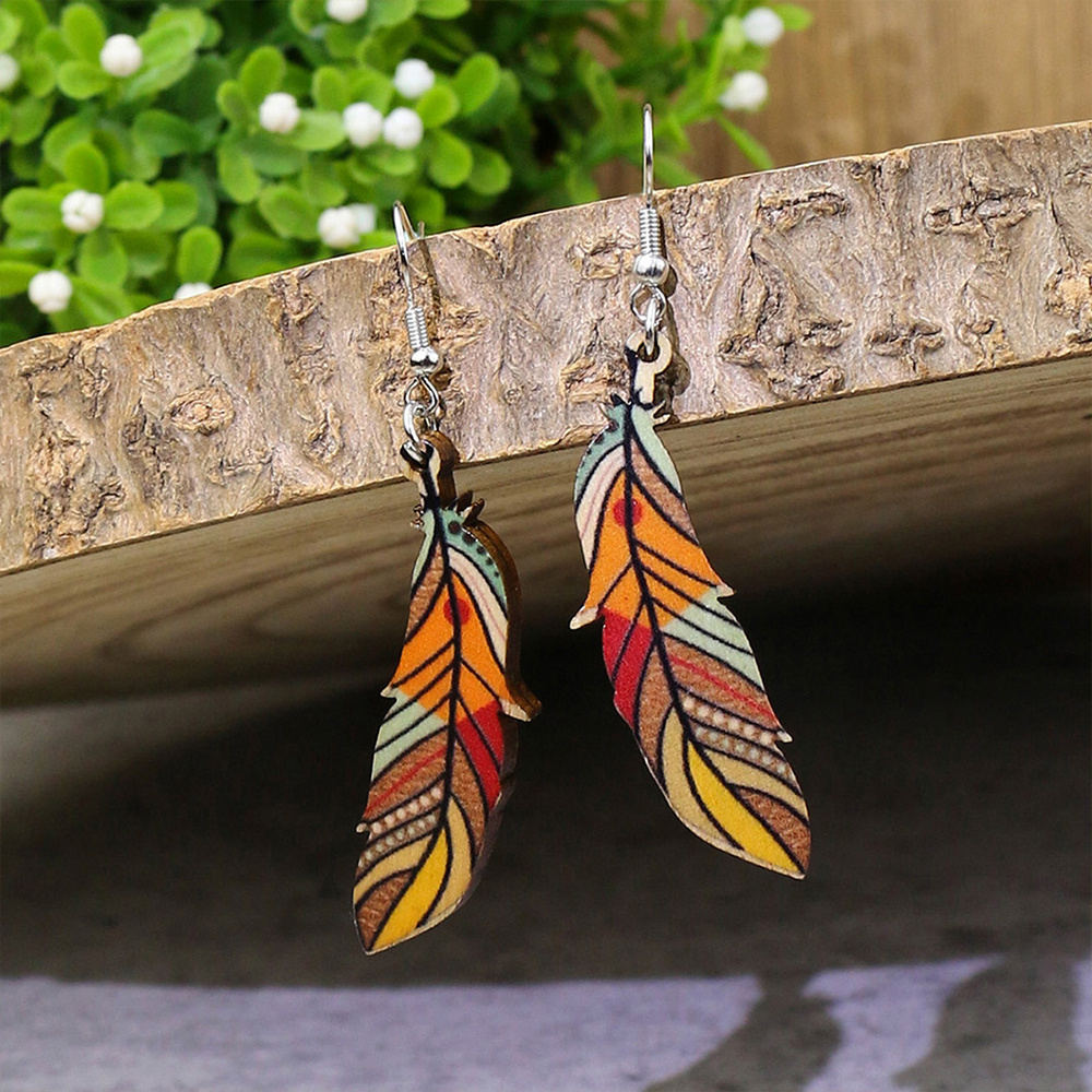 

1pair Polka Dot Print Feather Tribal Wooden Leaf Charm Earrings Women's Fine Jewelry 2023 New In