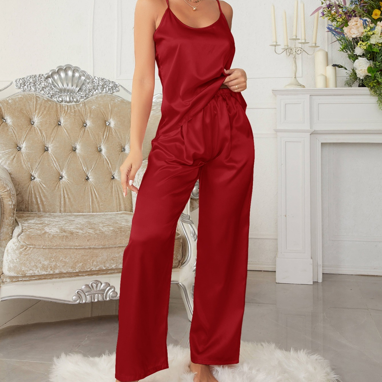 Women's Satin Backless Cami Tops Pants Pajama Sets For Valentine's ...