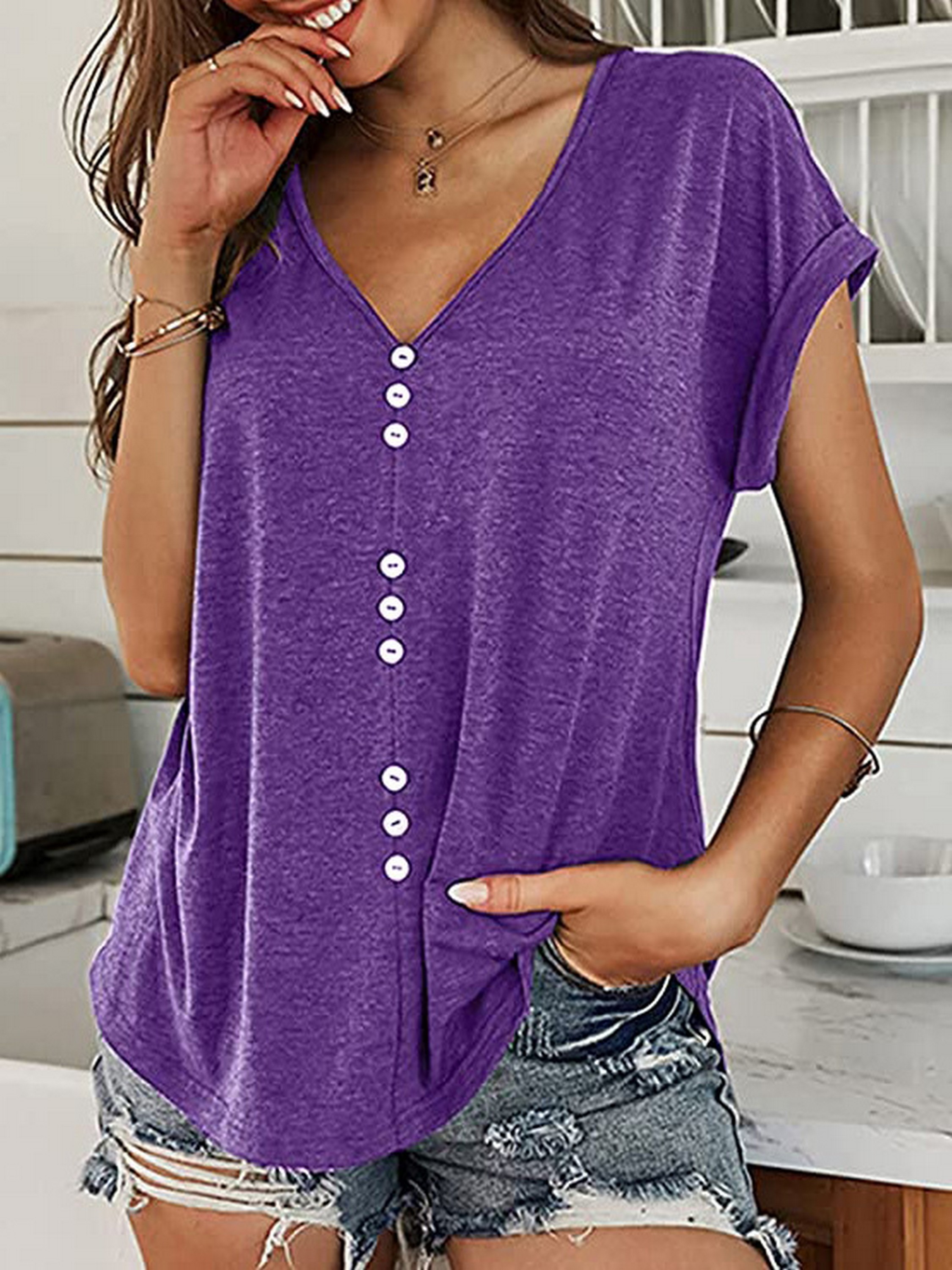 Basic Loose Solid T shirt Casual Short Sleeve V neck T shirt - Temu ...