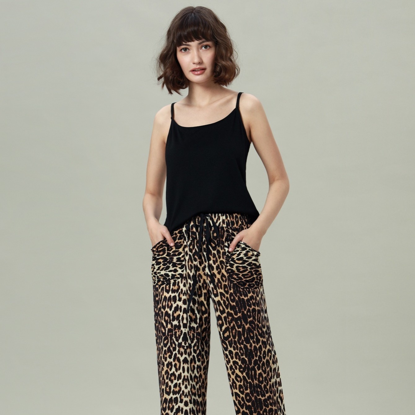 Women's Two Piece Set Solid Cami Top Leopard Pants Home Pajama Sets ...