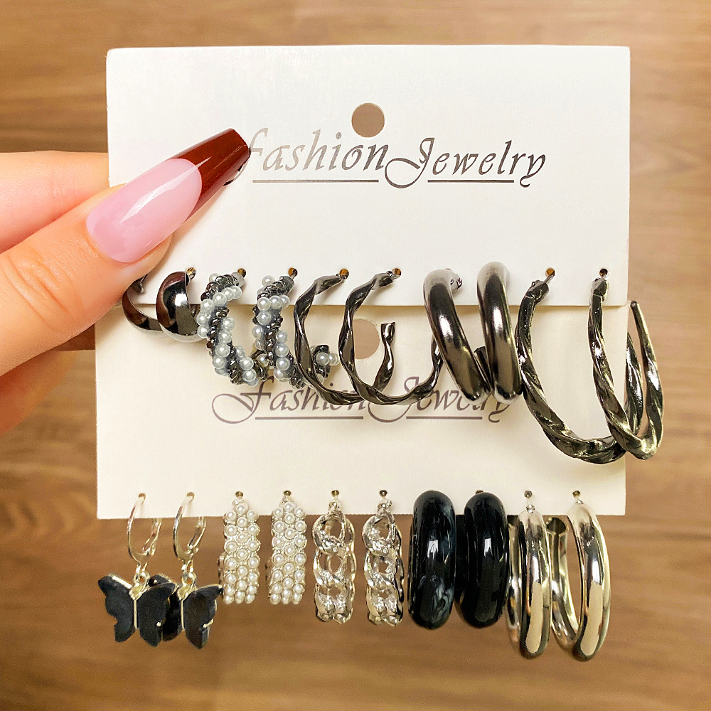 

5pairs Black Butterfly Pearl Geometric Earrings Set