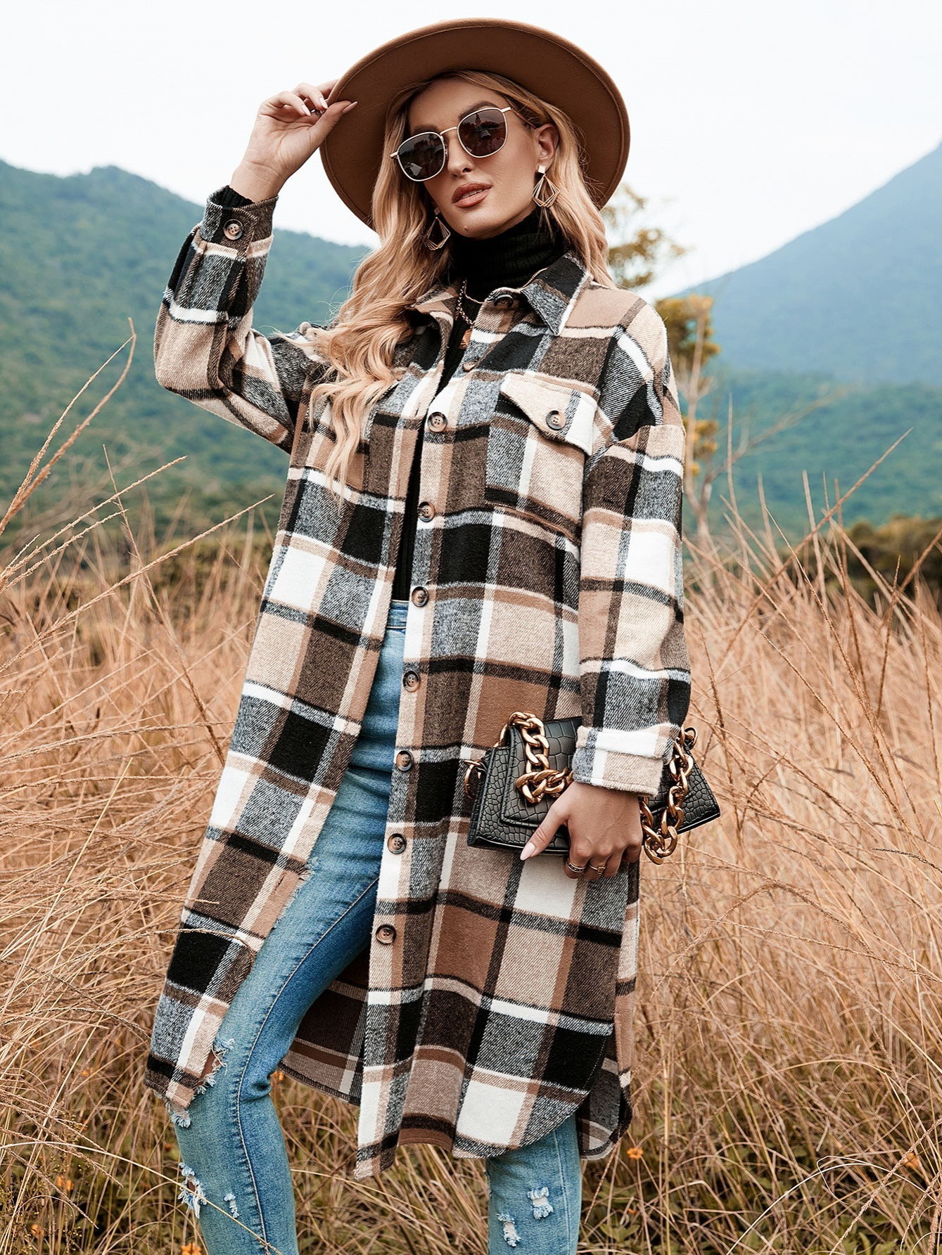 Long Sleeve Plaid Shirt Jacket, Drop Shoulder Casual Plaid Shacket For  Spring & Fall, Women's Clothing