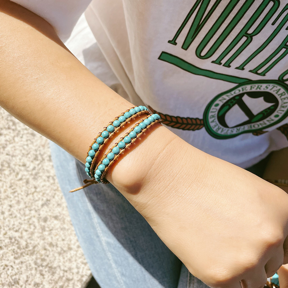 Women's Turquoise Beaded Wrapped Double Layered Bracelet