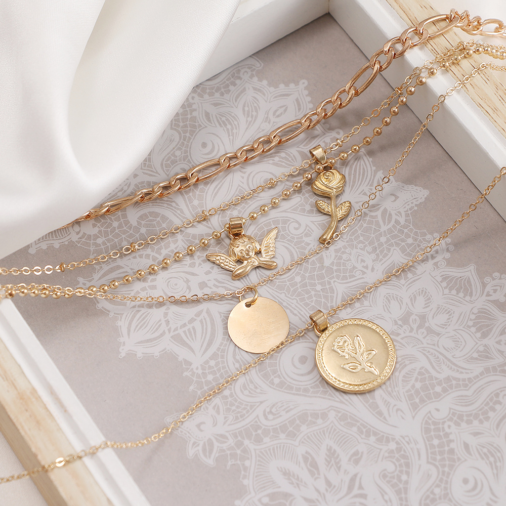 Multilayer Rose Disc Angel Pendant Necklace