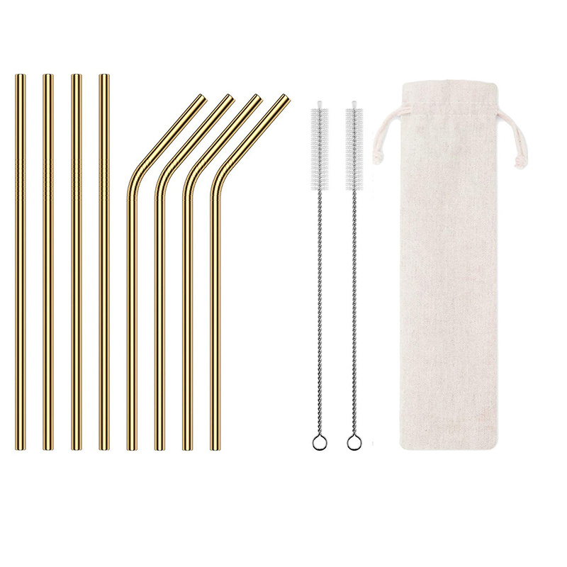Eco Stainless Steel Straw Set 8 Straws 2 Brushes & Bag