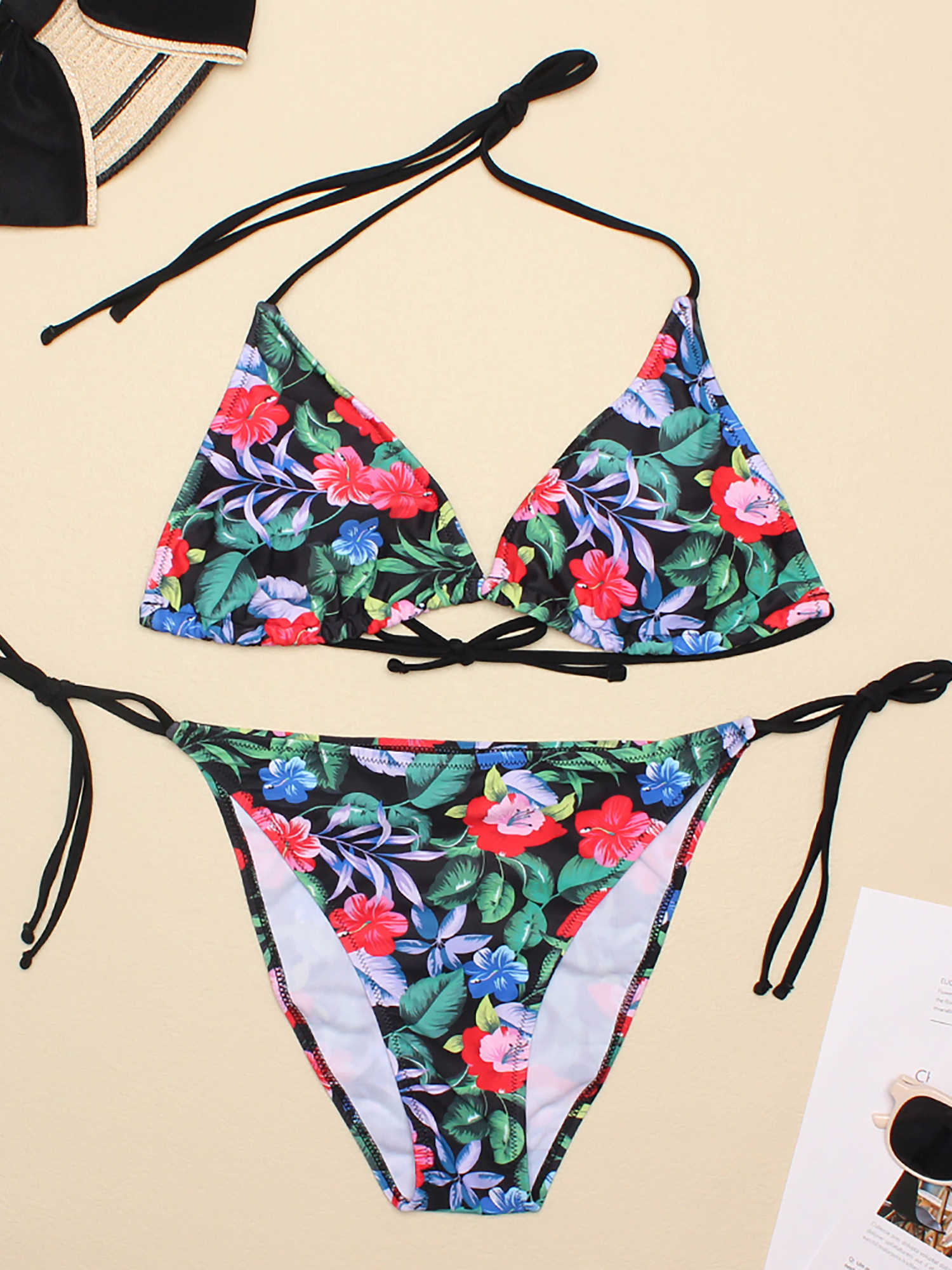 Triangle Spring Flowers Print Side Tie Bikini Swimsuit - Temu
