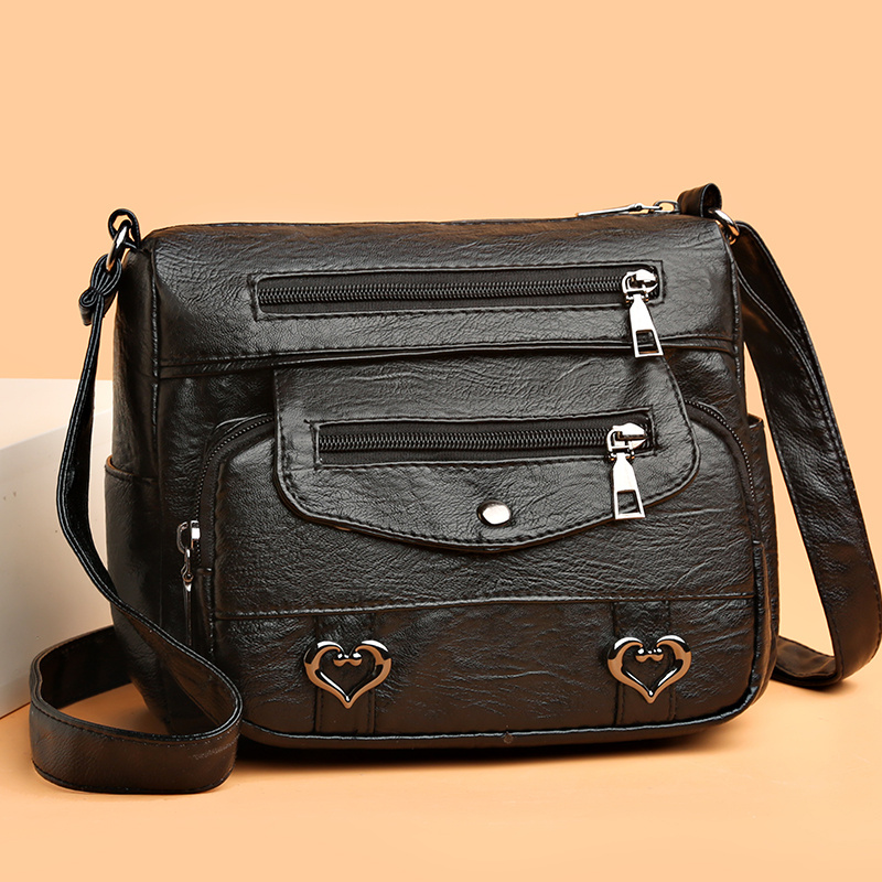 Heart Decor Shoulder Bag Womens Faux Leather Crossbody Bag Fashion Zipper Messenger Bag 