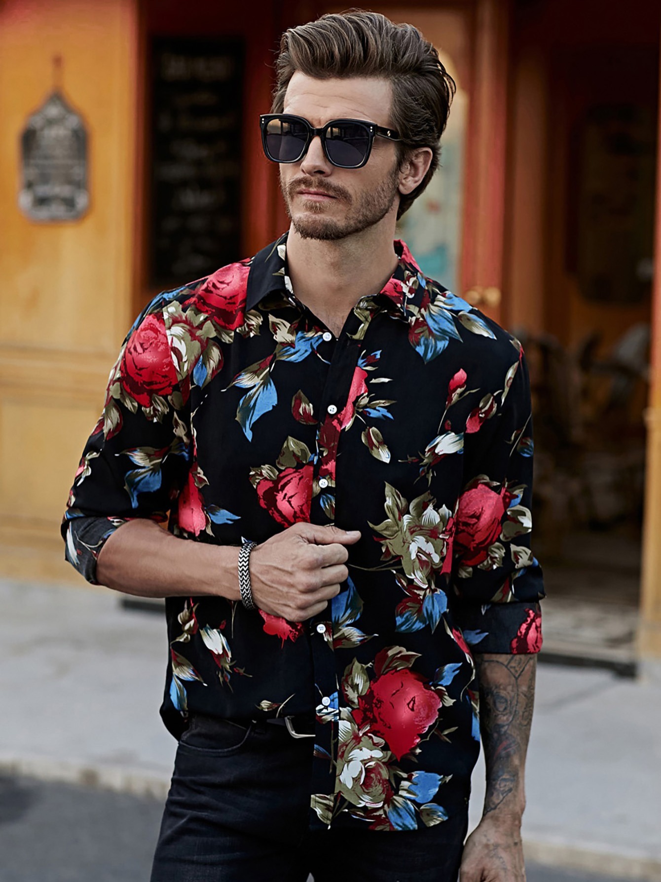 Men's Floral Casual Button- Shirts - Temu
