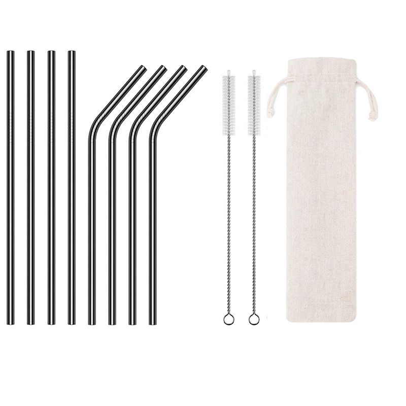 Eco Stainless Steel Straw Set 8 Straws 2 Brushes & Bag