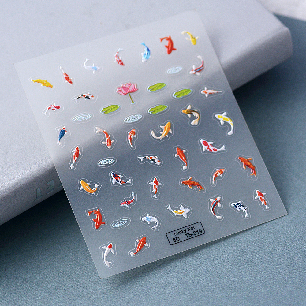 Image of Popular Chinese-style Ink Wash Painting Koi Nail Stickers, 5d Fish Adhesive For Long-lasting Nail Art