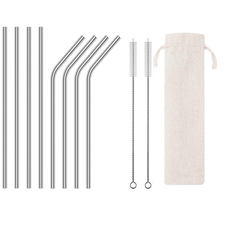 Eco Stainless Steel Straw Set 8 Straws 2 Brushes & Bag