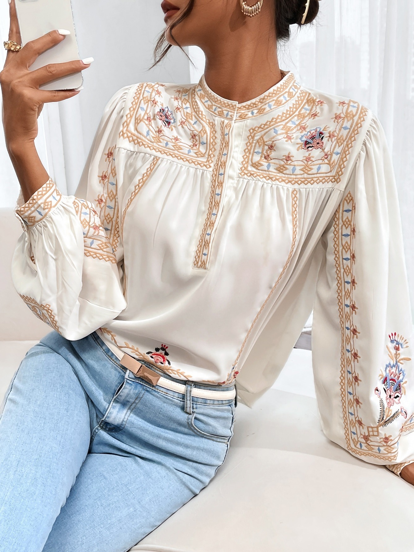 Blusa Cuello Muñeca Manga Larga Bordado Flores Moda Ropa - Temu