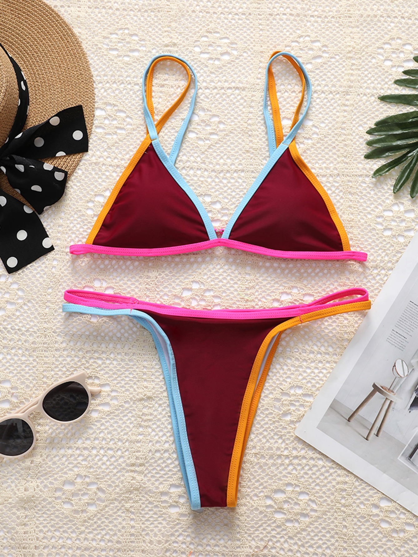 String Halter Neck Swimwear, Triangle Cup Two Piece Bathing Suit, High