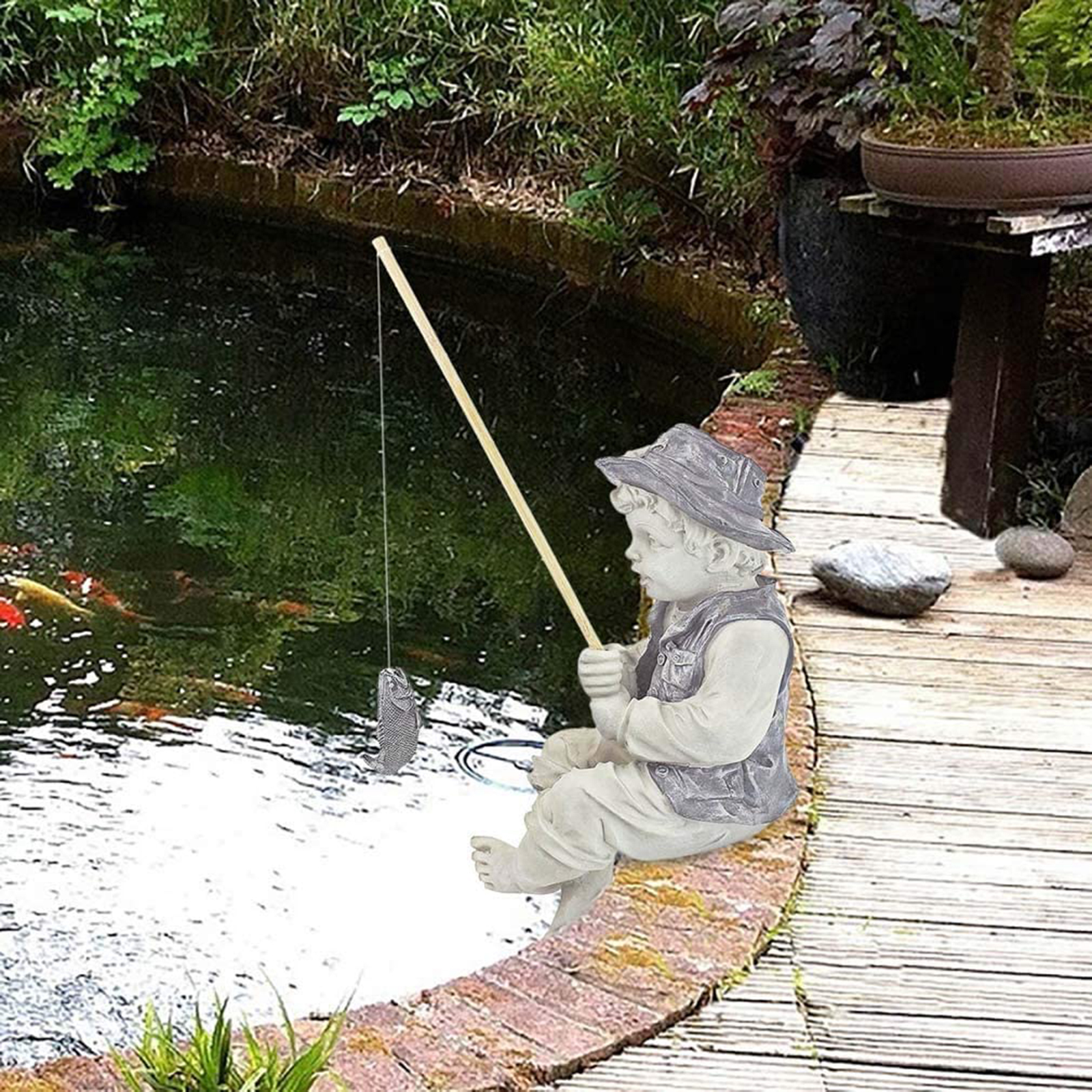 Resin Garden Statue, Fisherman, Fishing Boy, Garden Sculpture